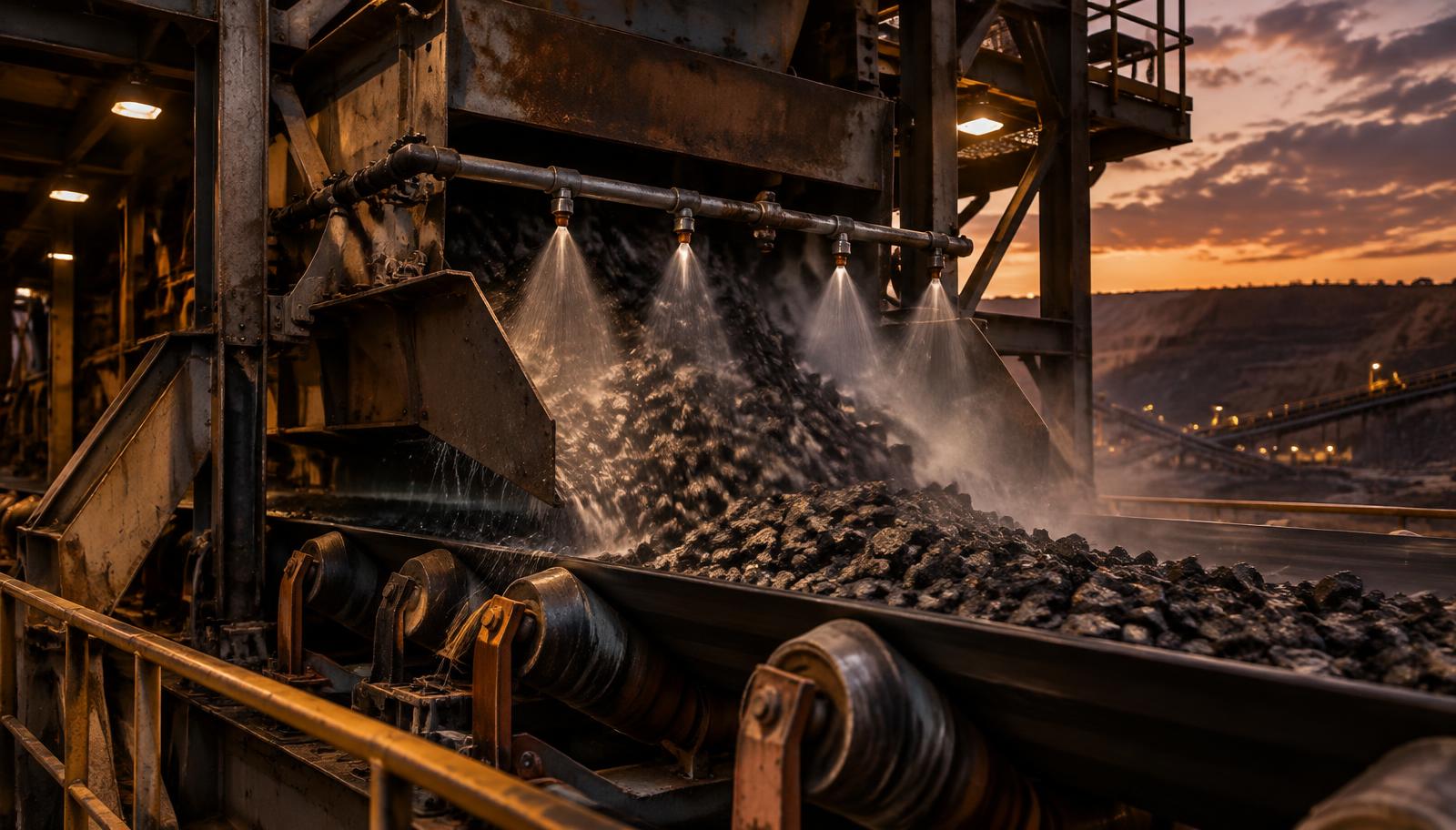 Dust suppression spray bars at a conveyor transfer chute
