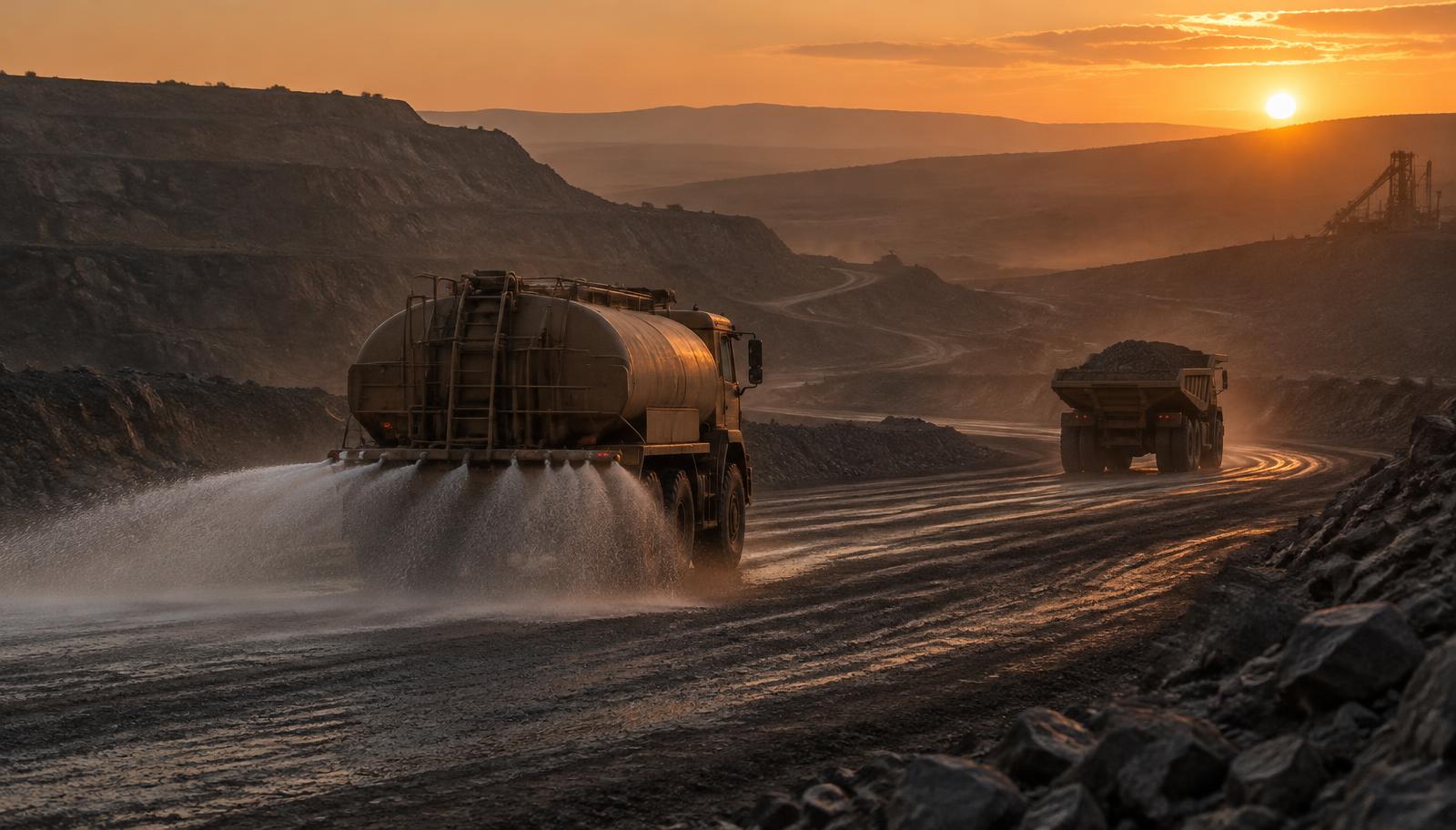 Dust suppression spraying on a mine haul road